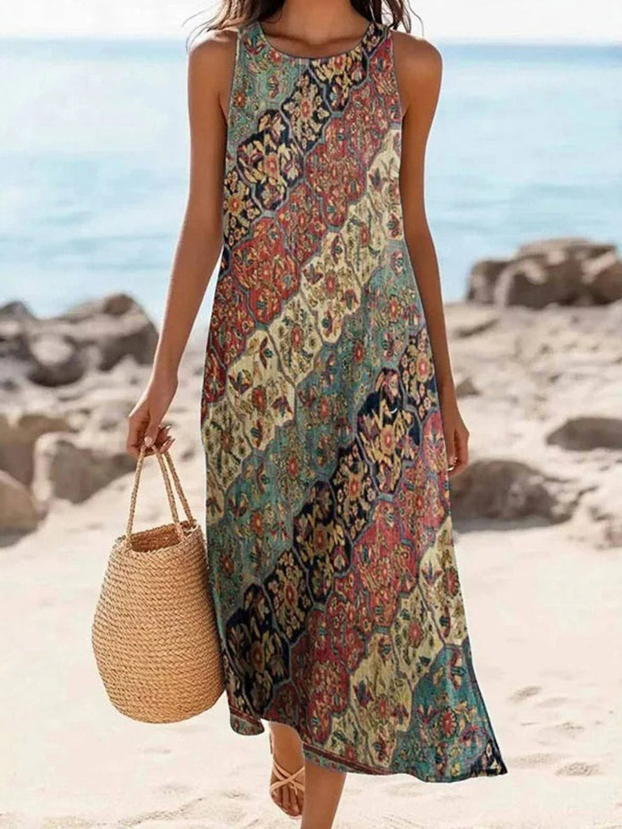 LilyWish Vintage Ethnic Print Round Neck Sleeveless Dress