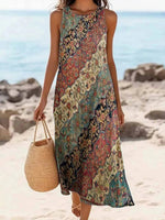 LilyWish Vintage Ethnic Print Round Neck Sleeveless Dress