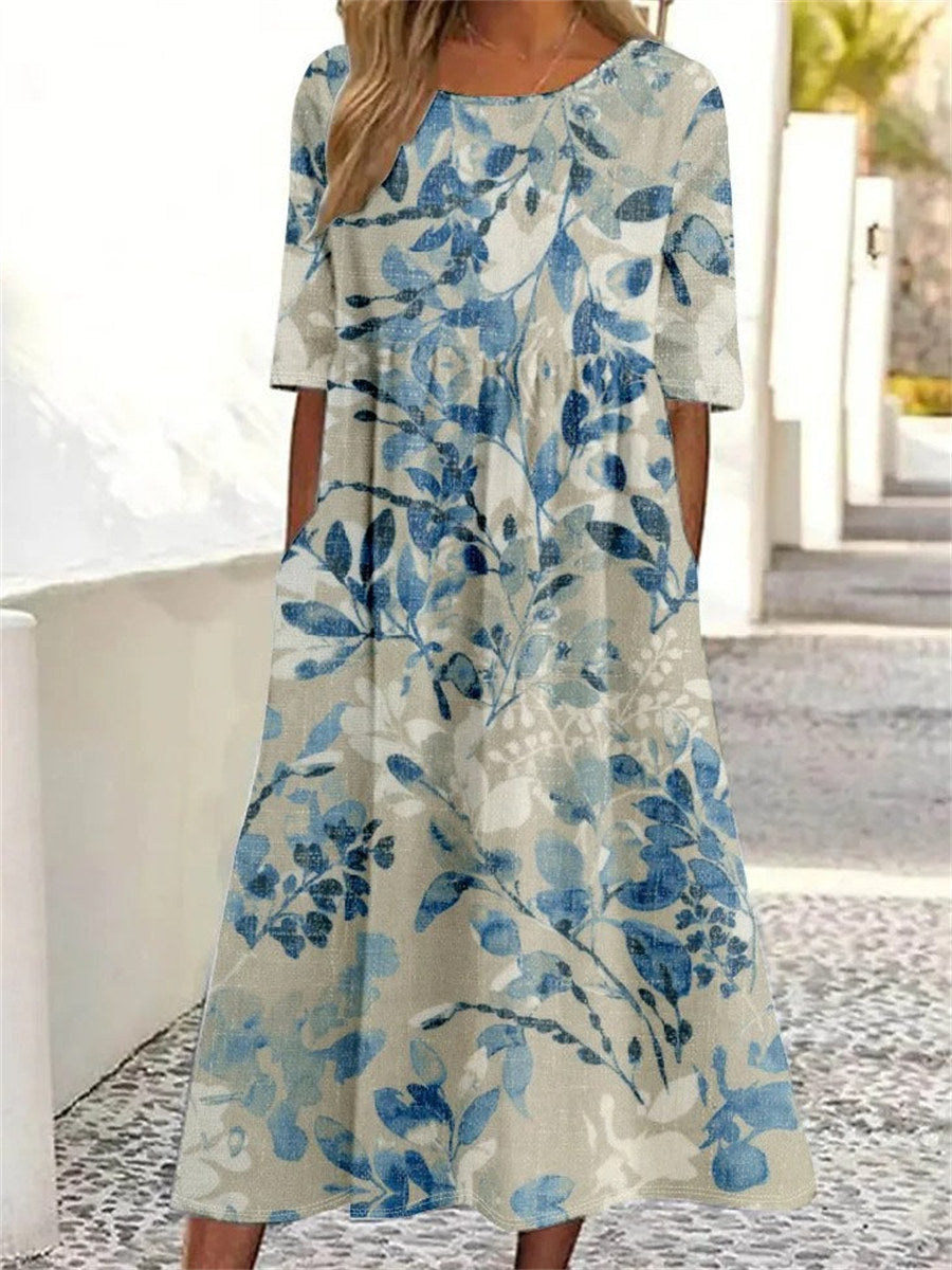 LilyWish Floral Print Crew Neck Half Sleeve Vintage Comfy Maxi Dress