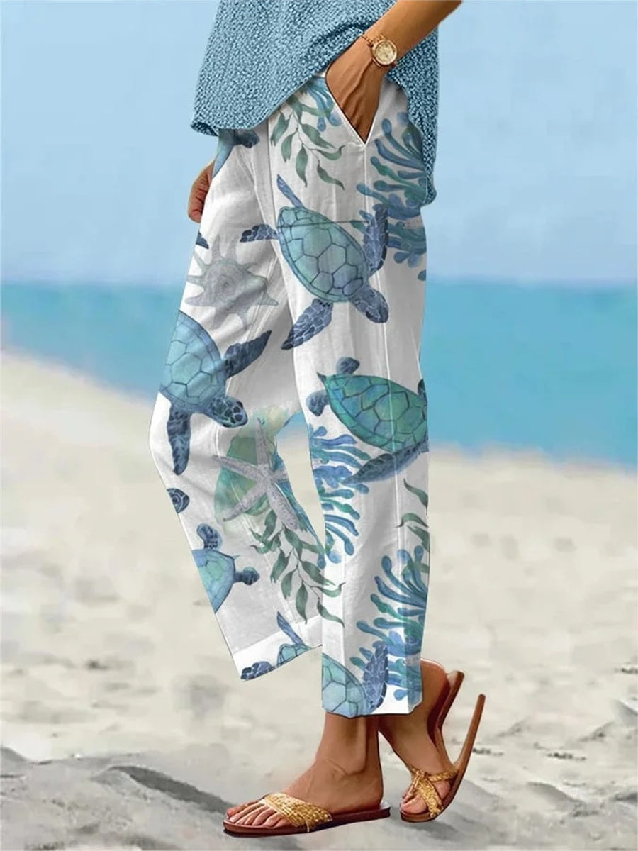 Women's Sea Turtle Print Elastic-Waist Casual Pants
