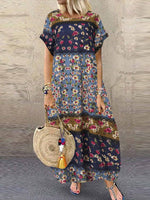Casual Round Neck Short Sleeve Loose Floral Maxi Dress