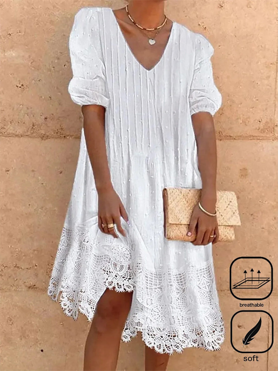 Plain Lace Casual V Neck Midi Dress
