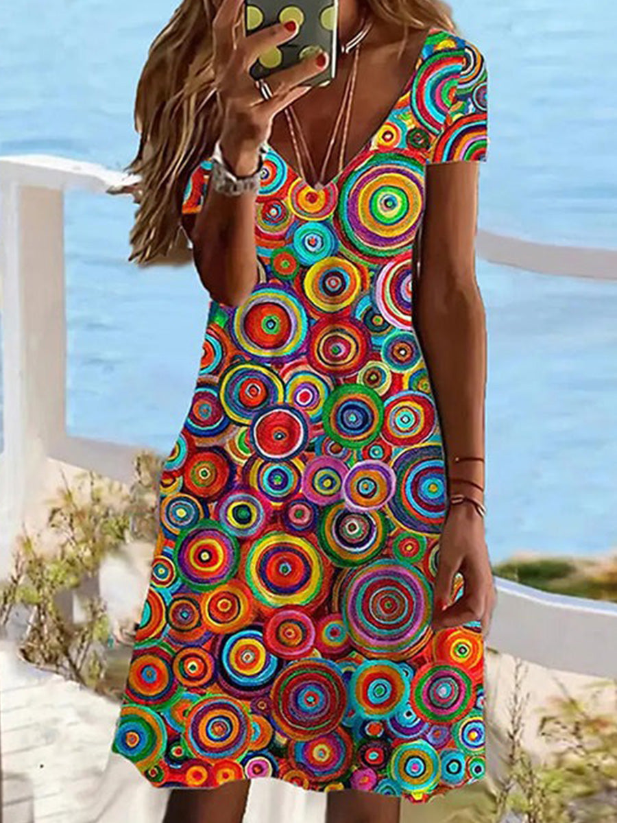 LilyWish Colorful Abstract Print V Neck Dress