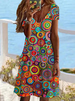 LilyWish Colorful Abstract Print V Neck Dress