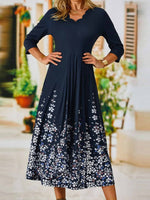 Casual Scalloped Neck 3/4 Sleeve Floral Midi Dress