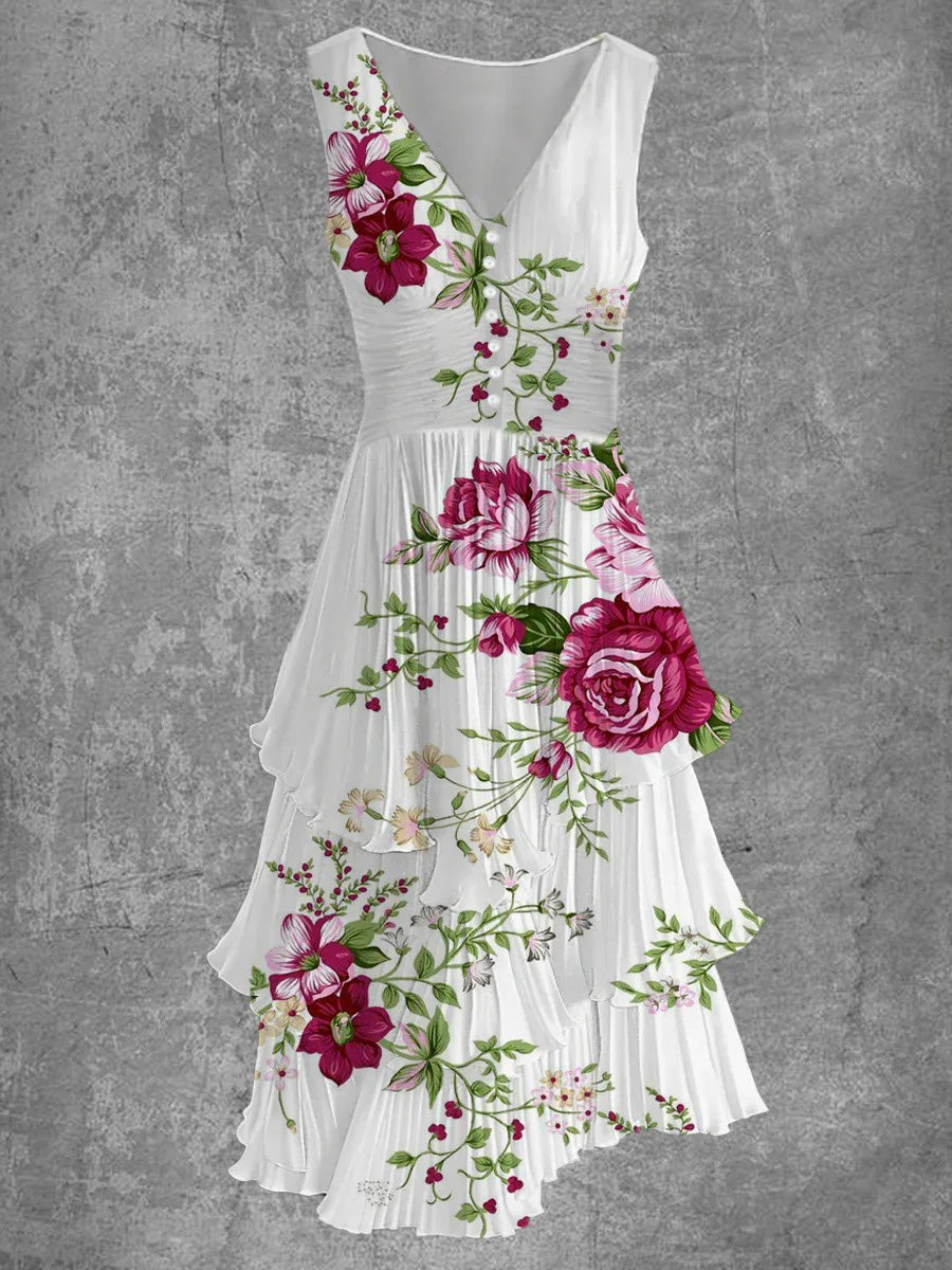 LilyWish Women's Floral Ruffled V-Neck Sleeveless Pleated Midi Dress