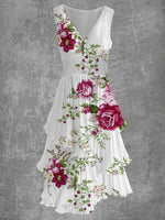 LilyWish Women's Floral Ruffled V-Neck Sleeveless Pleated Midi Dress