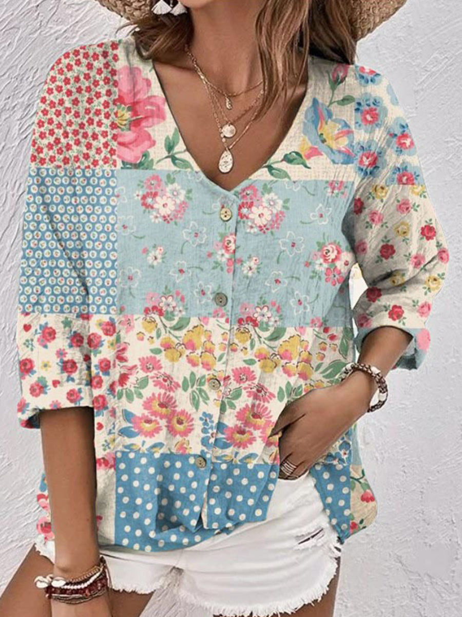 Women's Patchwork Floral Print V-Neck Button Front 3/4 Sleeve Casual Blouse