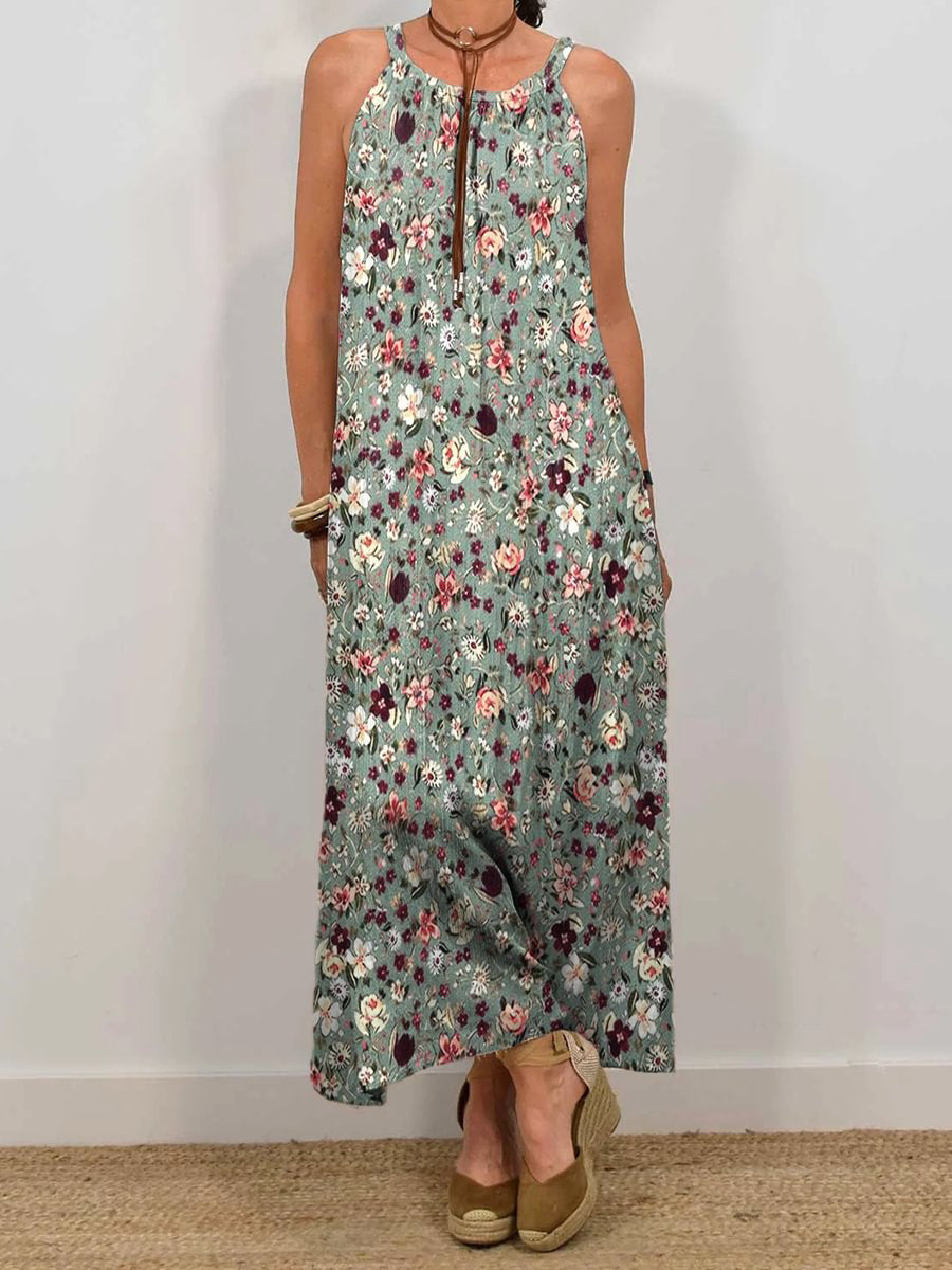 LilyWish Women's Vintage Flower Art Print Sleeveless Pocket Dress