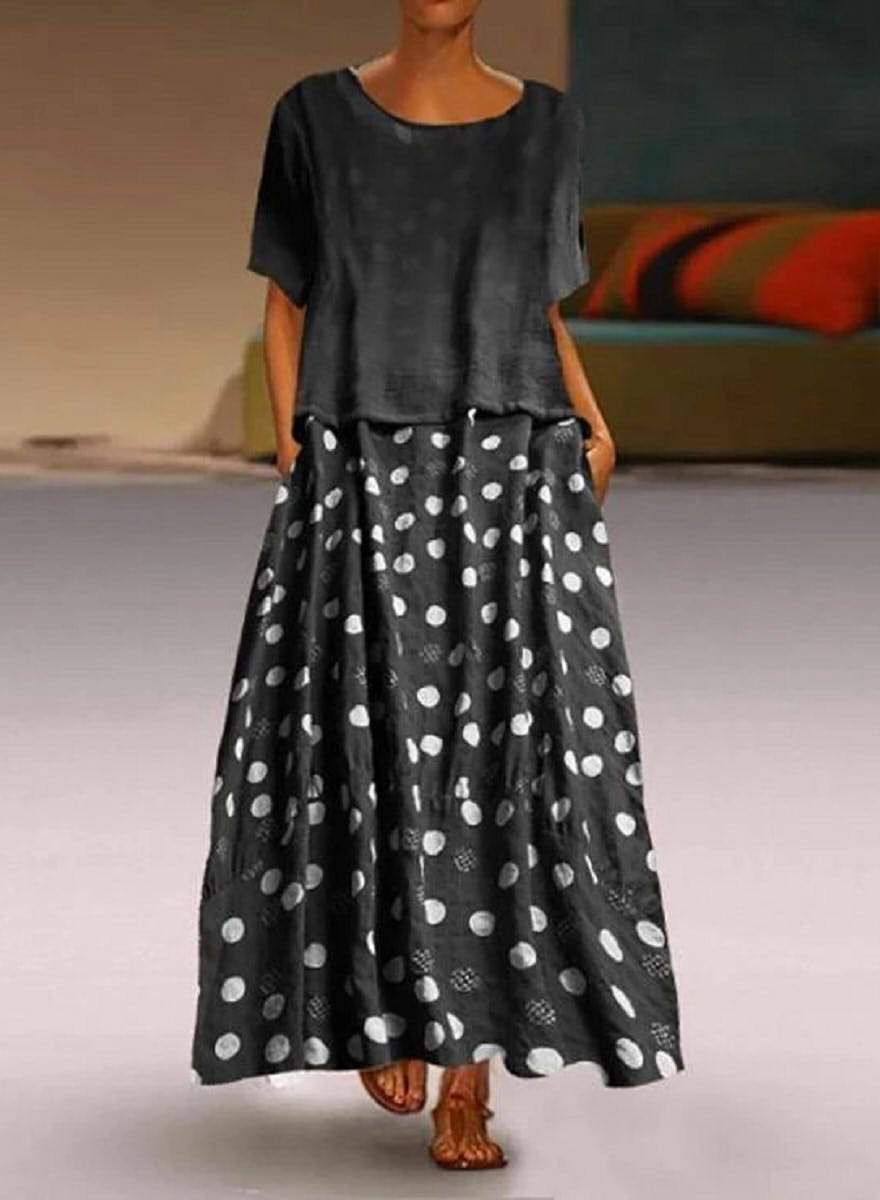 Round Neck Short Sleeve Polka Dot Printed Two Piece Maxi Dress