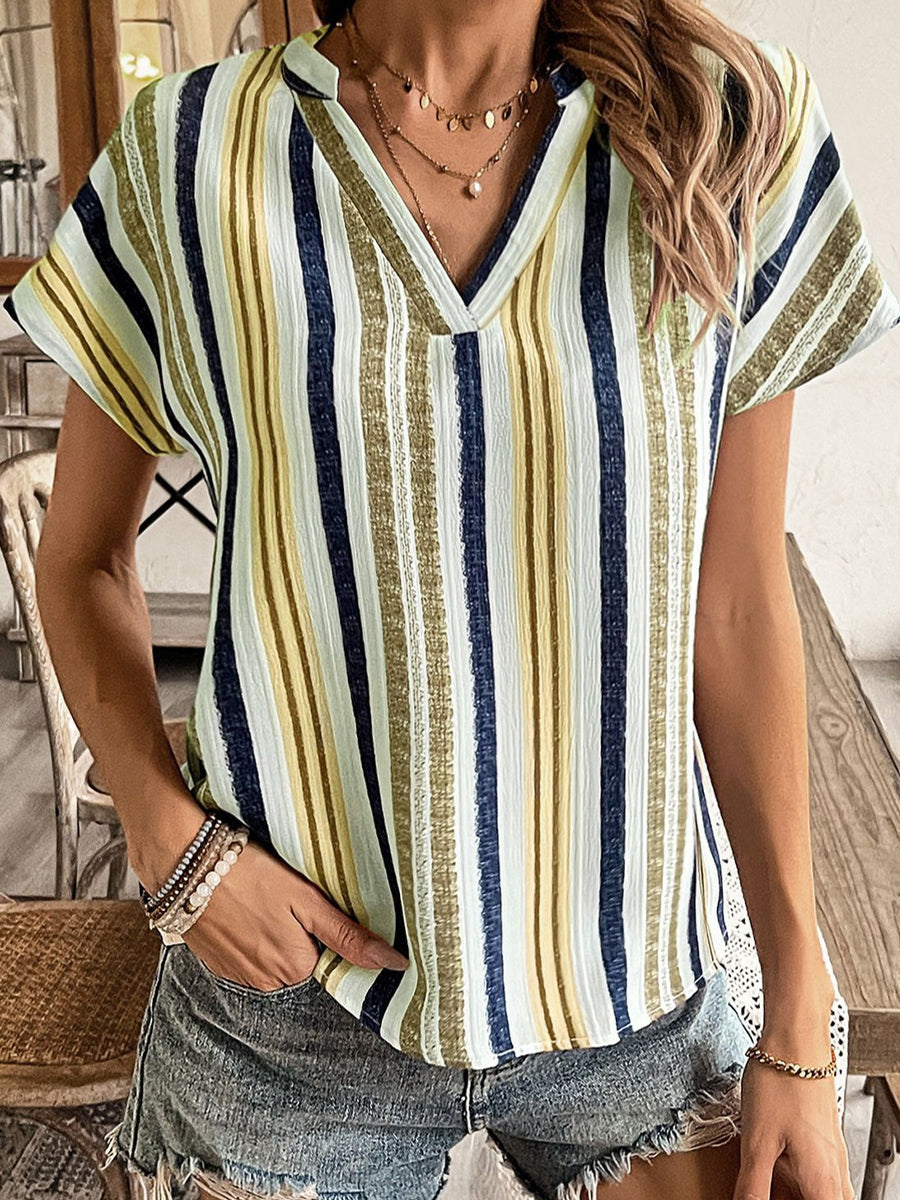 LilyWish Women Striped Short Sleeve V-neck T-shirt