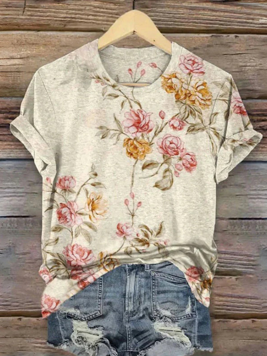 LilyWish Vintage Floral Print Round Neck Short Sleeve T-Shirt