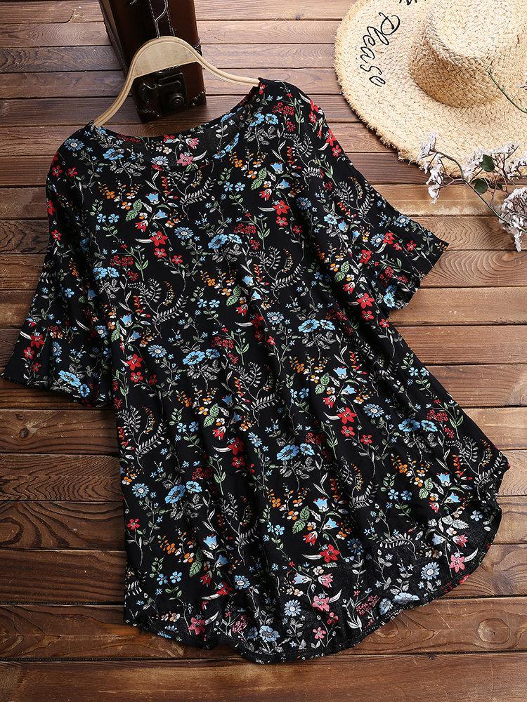 LilyWish Vintage Print Floral Short Sleeve Crew Neck Blouse