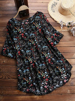 LilyWish Vintage Print Floral Short Sleeve Crew Neck Blouse
