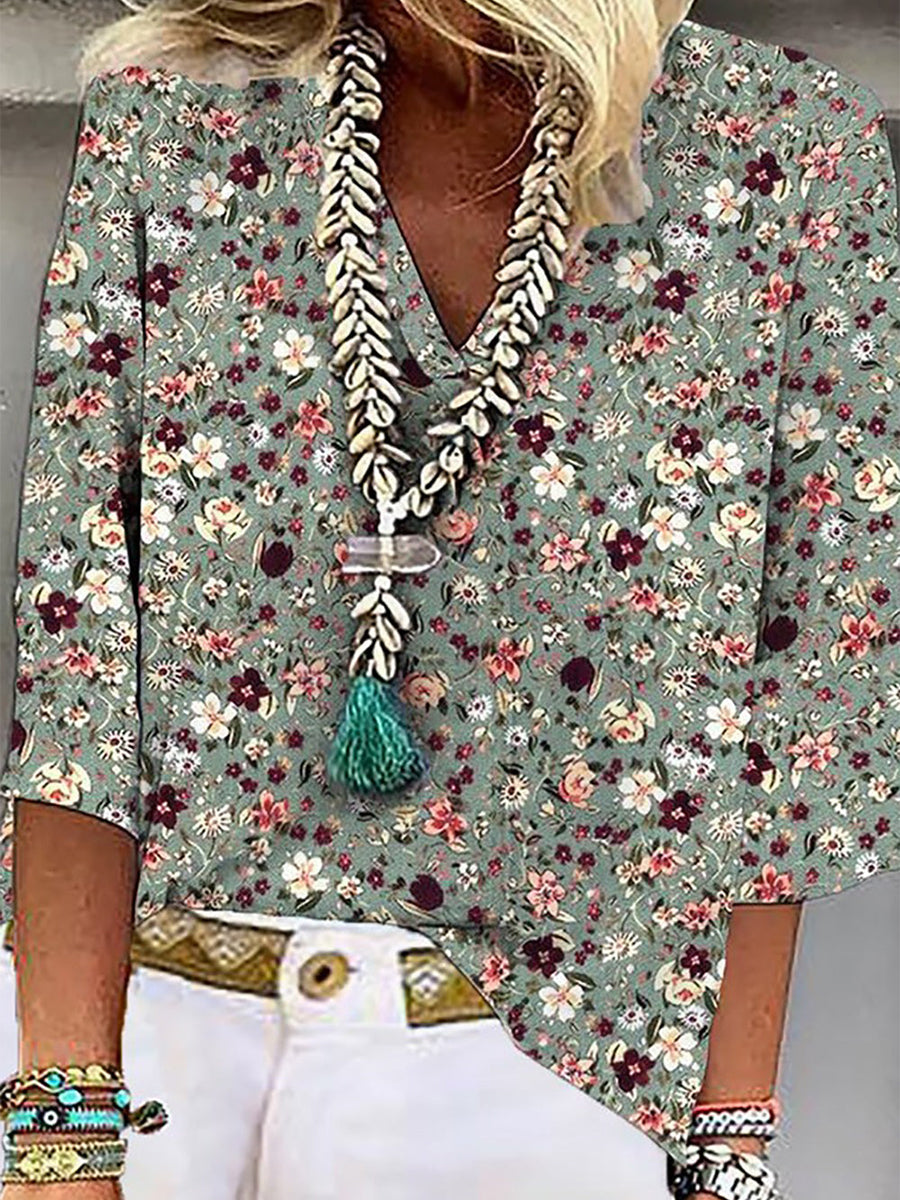 LilyWish V Neck 3/4 Sleeve Floral Print Blouse