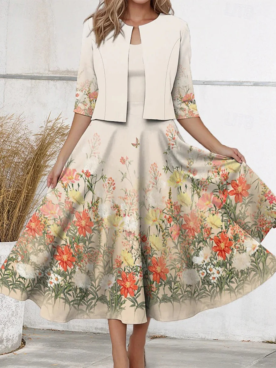 Modern Floral Print Midi Dress With Jacket
