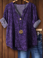 LilyWish Vintage Ethnic Print Short Sleeve Blouse