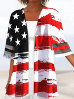 LilyWish Red Striped Graphic Printed Half Sleeve Cardigan Two-Pieced Tops
