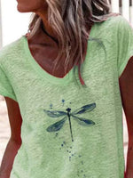 Casual Short Sleeve Dragonfly Print Green Blouse
