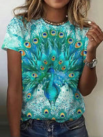 LilyWish Vintage Peacock Print Round Neck Short Sleeve T-Shirt