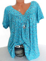 LilyWish Print Floral Short Sleeve V-neck Blouse