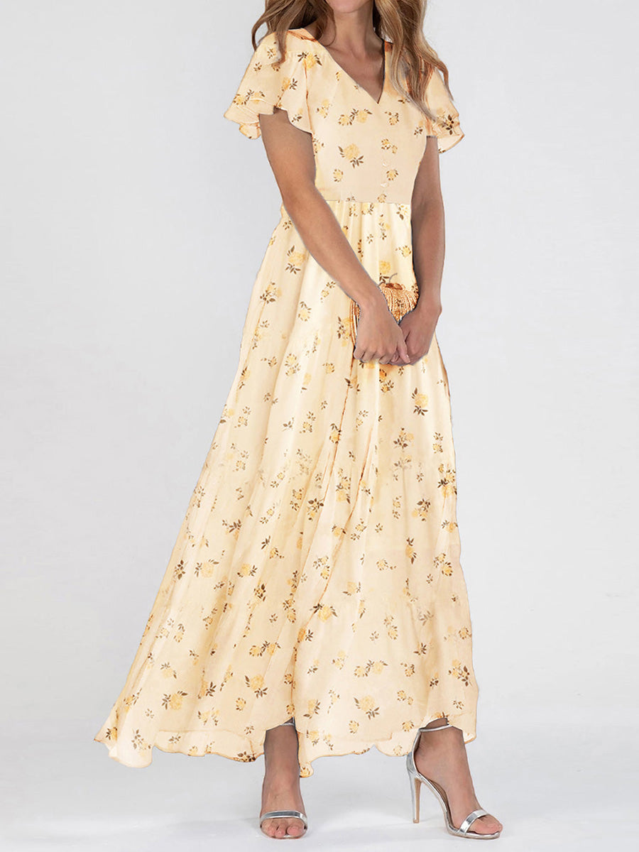 Women's Floral Flutter Sleeve V-Neck Maxi Dress