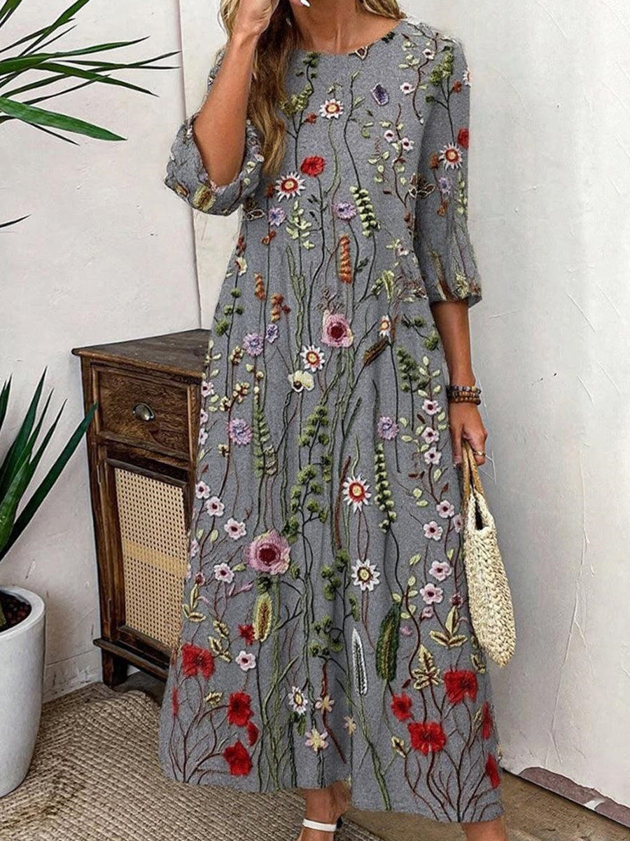 Groovy 3/4 Sleeve Plant Print Maxi Dress