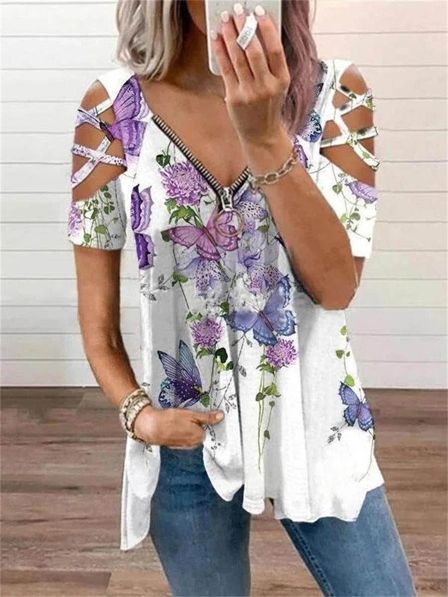 White Casual Graphic Tops V Neck Floral Printed Short Sleeve Blouse