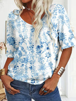 LilyWish Distinctive Blue V-neck Short Sleeve Top