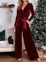 Casual Plain V Neck Long Sleeve Jumpsuit