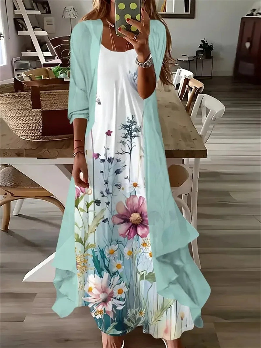 Women's Long Sleeve U-neck Floral Printed Two Pieces Maxi Dress