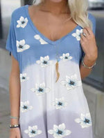 Floral V Neck Loosen Casual Short Sleeve Knit Dress
