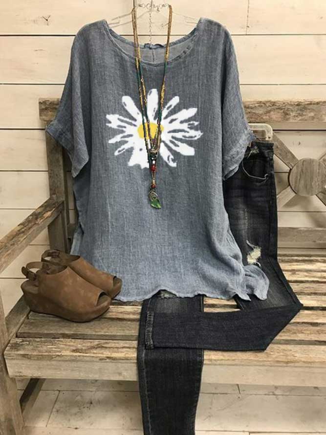 LilyWish Short Sleeve Crew Neck Shift Sunflower Print Casual Blouse
