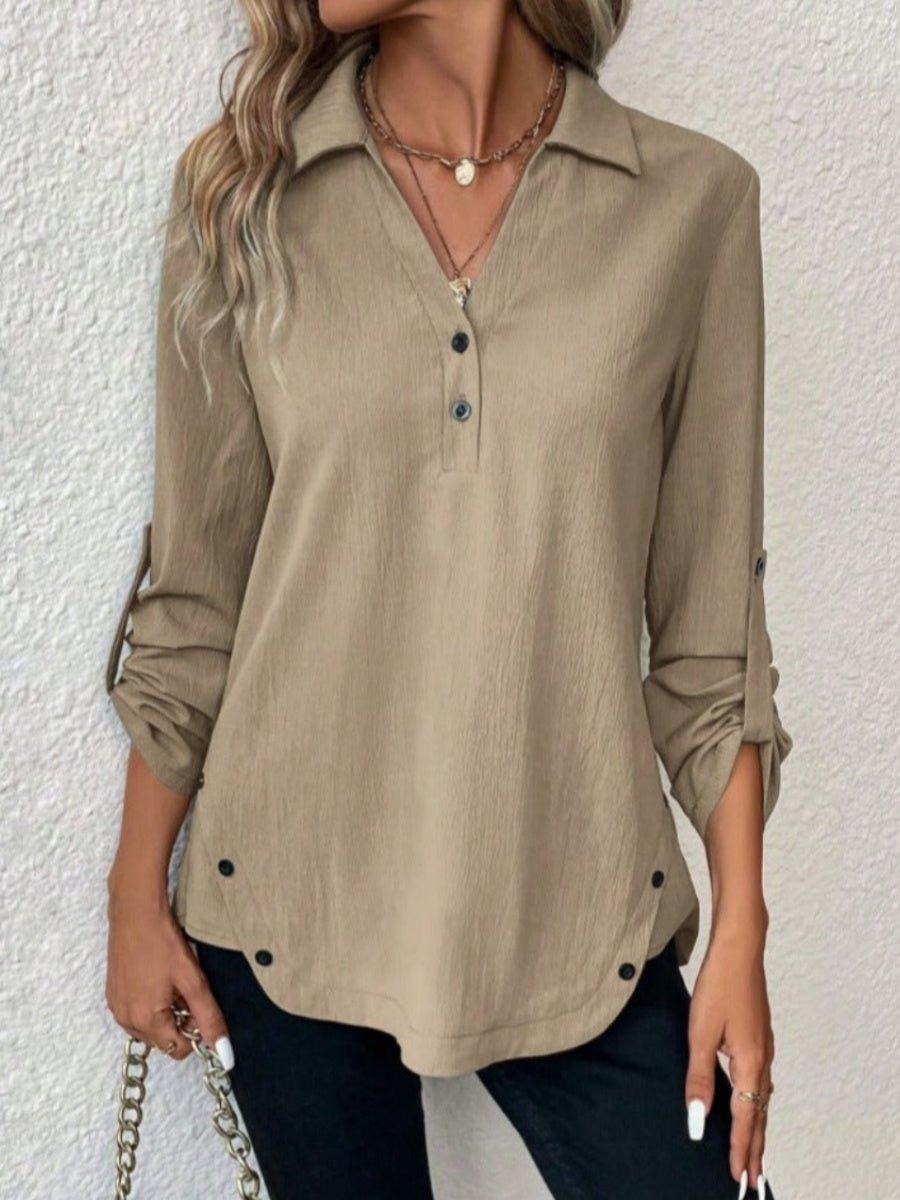 LilyWish Notched Long Sleeve Plain Loose Blouse with Micro-Elasticity
