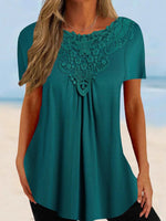 Women’s Solid Color Lace Neck Short Sleeve Loose Fit Tunic Top