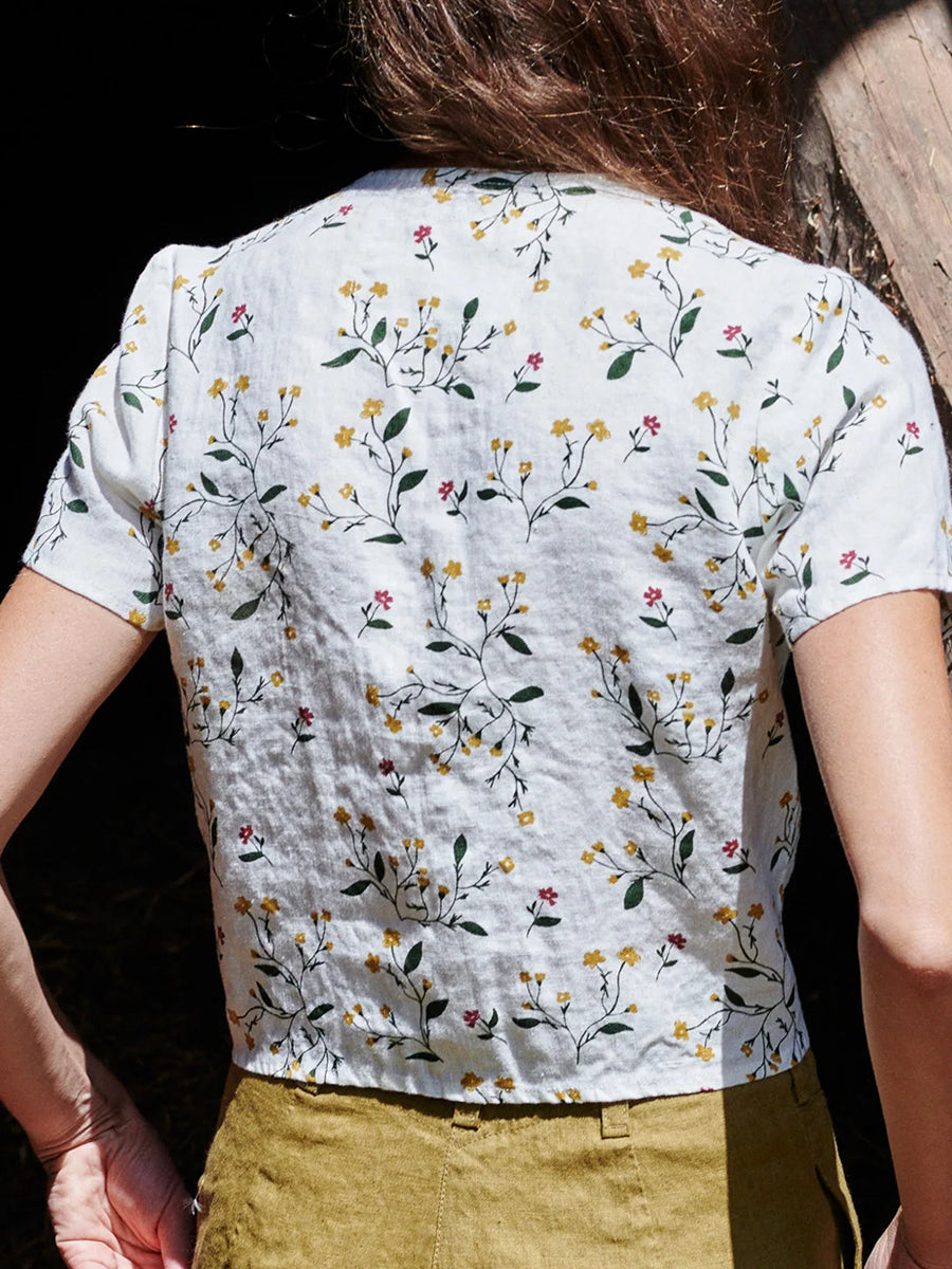 Floral Printed V Neck Short Sleeve Cotton Shirt