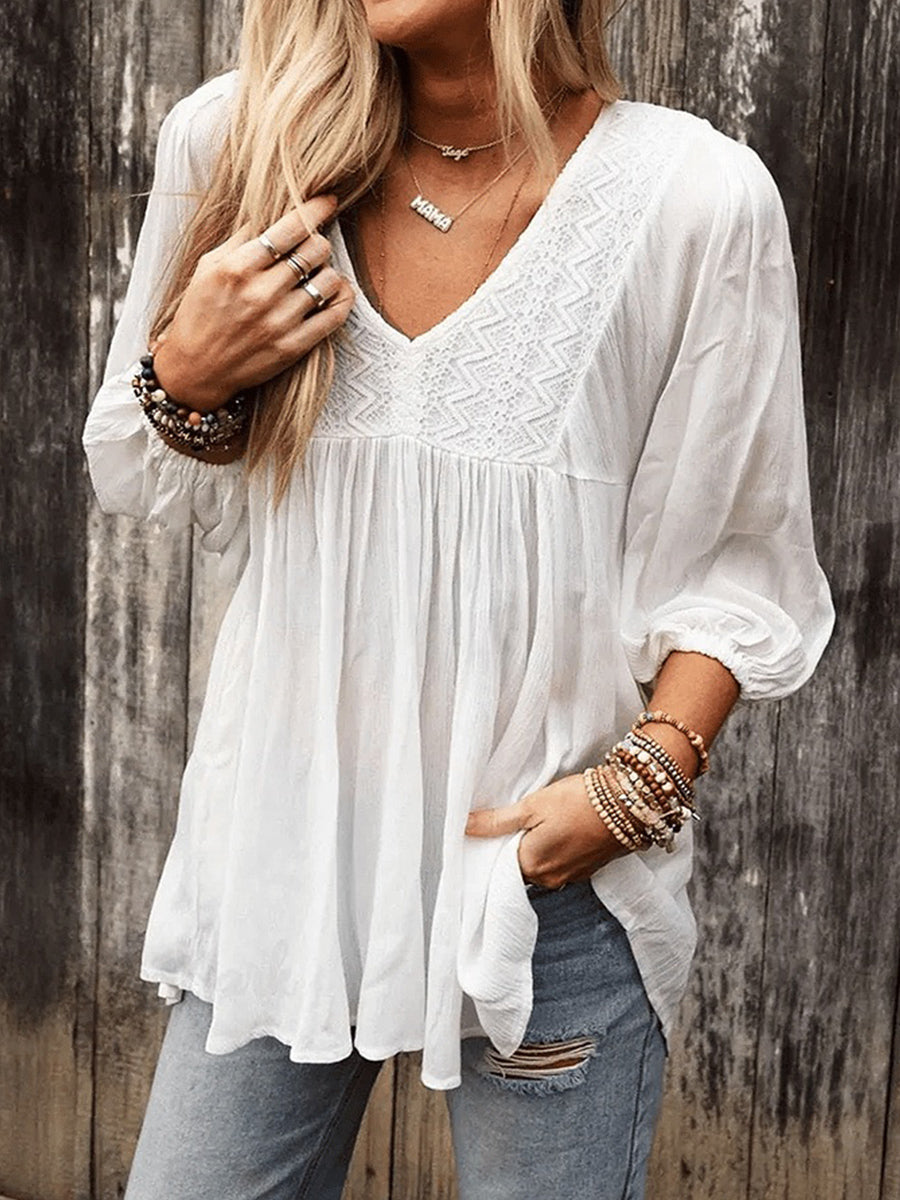 Women's Retro Ruffled V-Neck Puff Sleeve Top