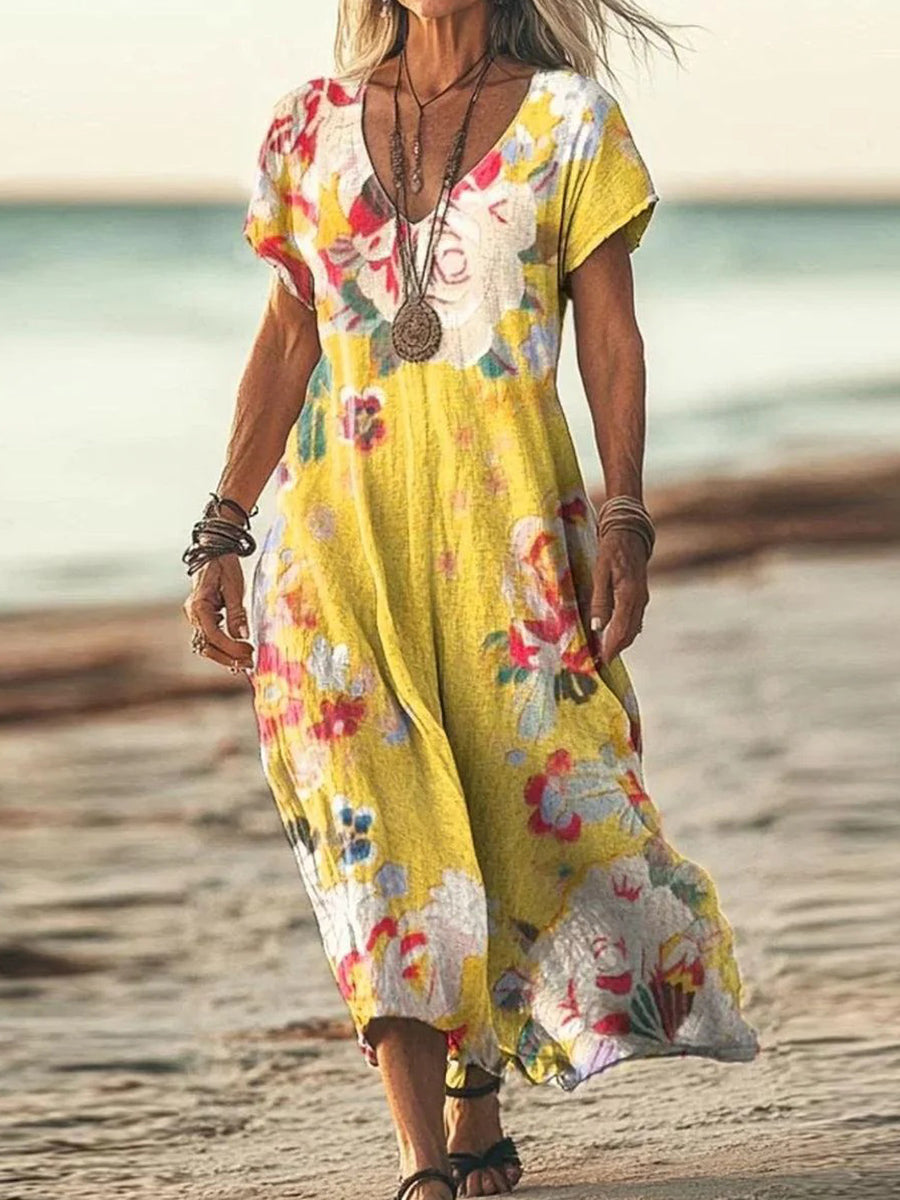 Yellow Short Sleeve V-Neck Midi Dress