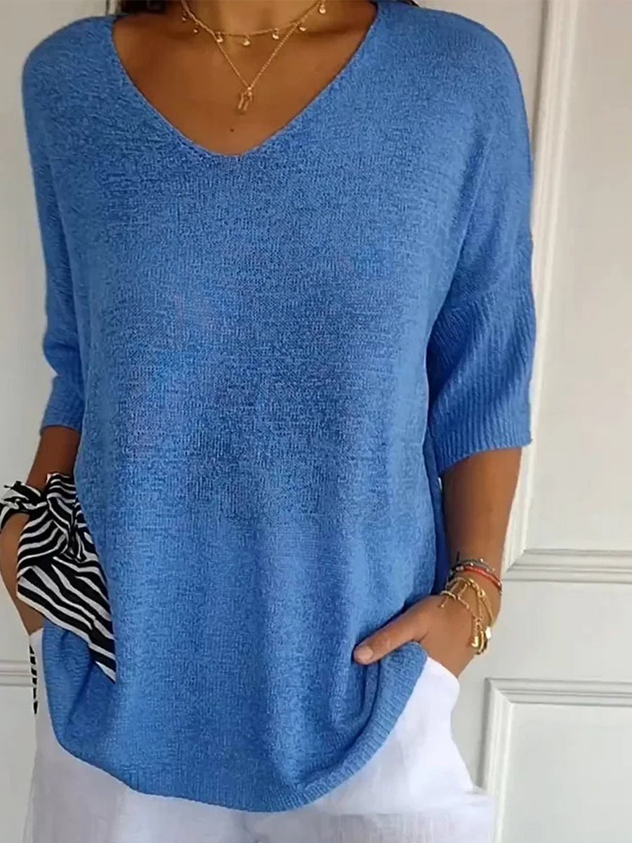 LilyWish Women's Casual V-Neck 3/4 Sleeve Loose Knit Top