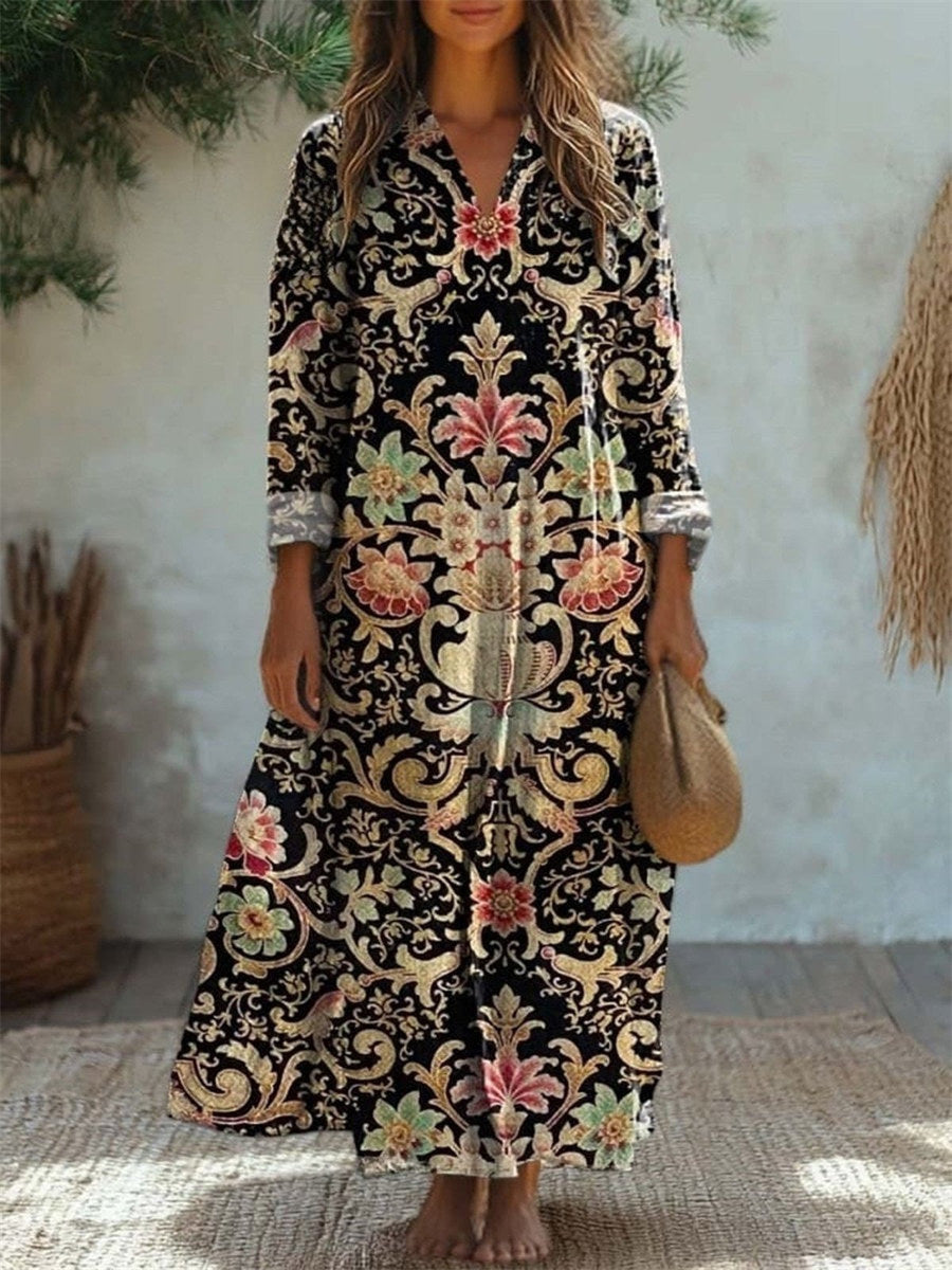 Ethnic Print V-neck Long Sleeve Dress