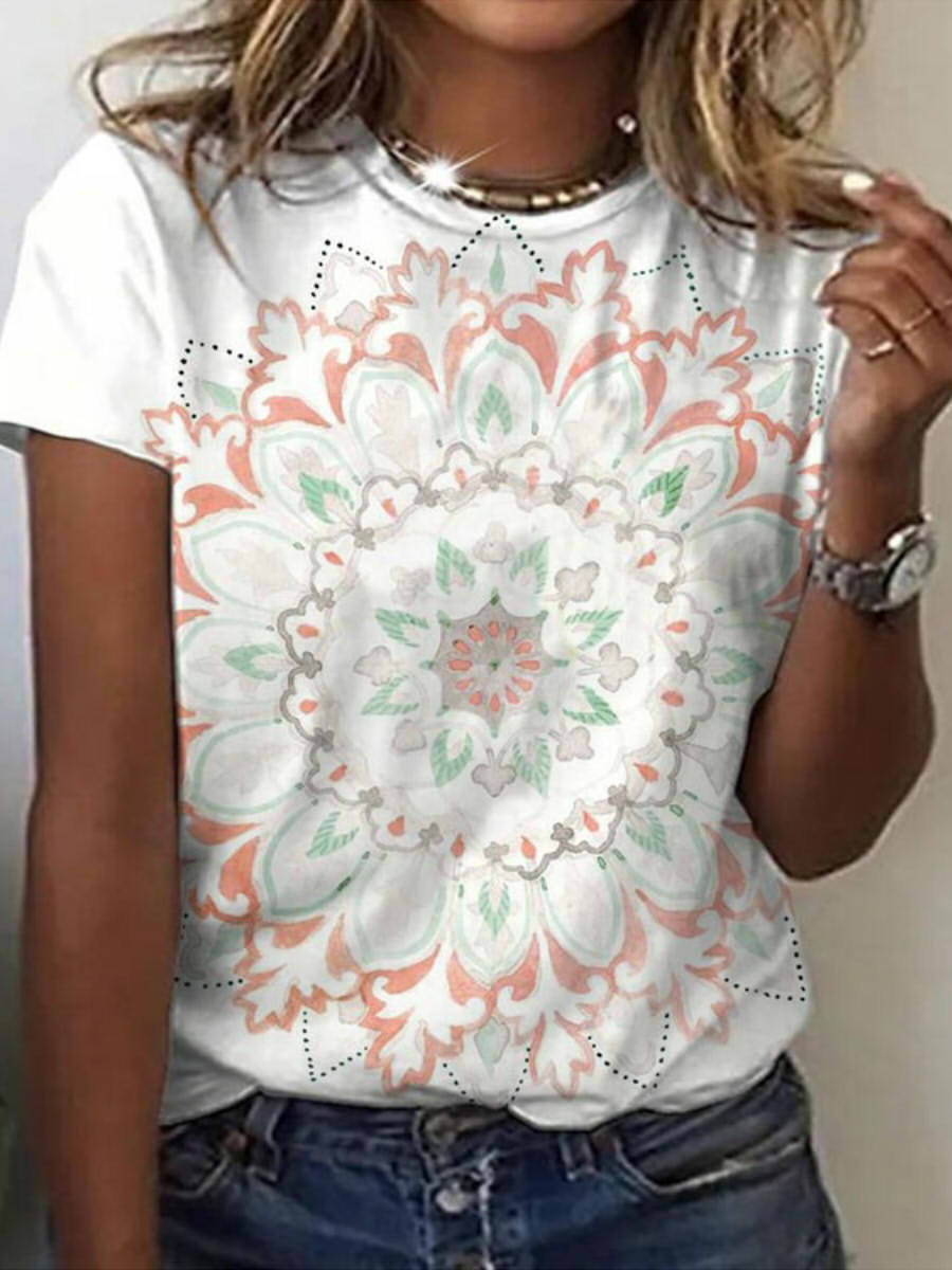 Casual Round Neck Short Sleeve Mandala Floral Print T-shirt