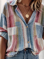 Women's Casual Short Sleeve Button-Down Patchwork Shirt