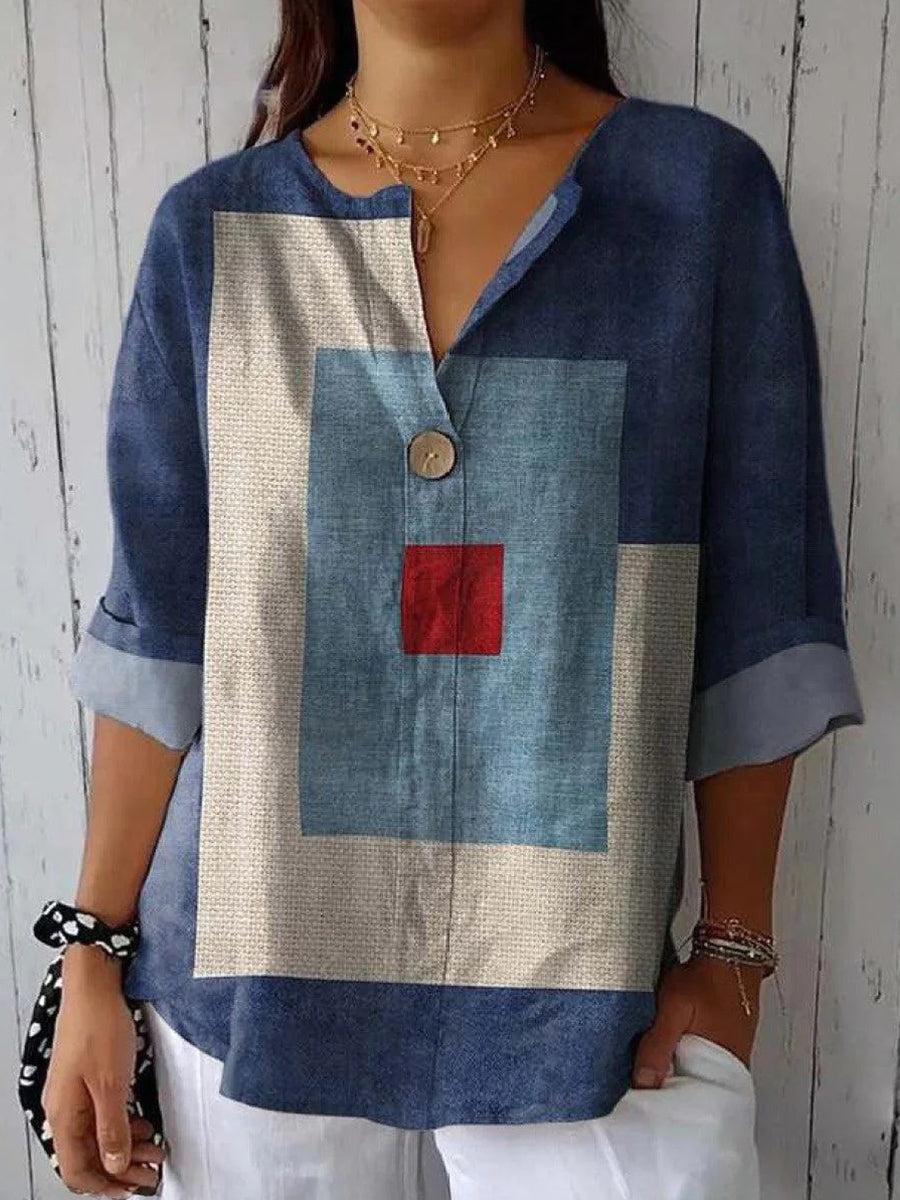 Breezy 3/4 Sleeve V-Neck Color Block Top