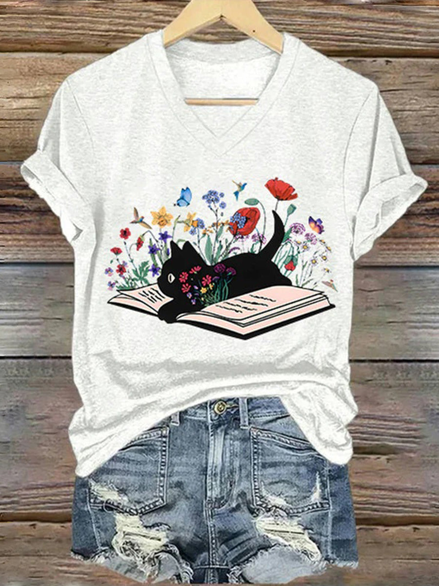 LilyWish Casual Cat Print V-neck Short Sleeve T-Shirt