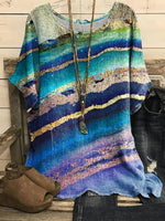 Blue Casual Round Neck Stripe Printed Short Sleeve Blouse