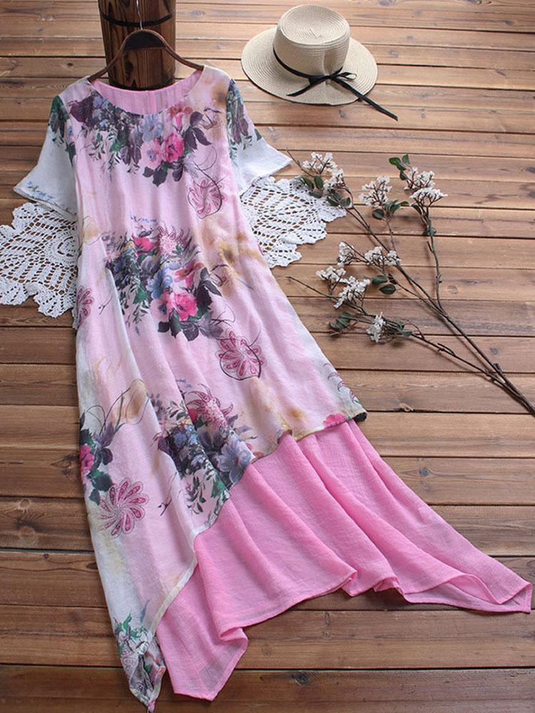 Casual Short Sleeve Round Neck Floral Printed Vintage Maxi Dress