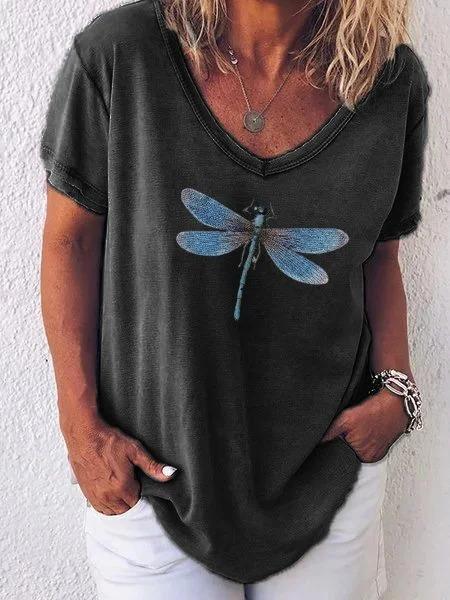 Women's Casual V-Neck Dragonfly Print Short Sleeve T-Shirt Top