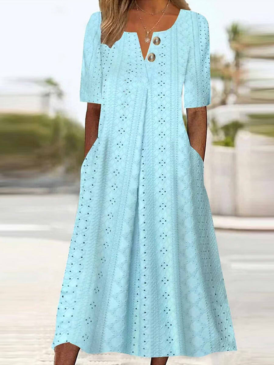 Women's Casual Eyelet Short Sleeve Midi Dress with Pockets