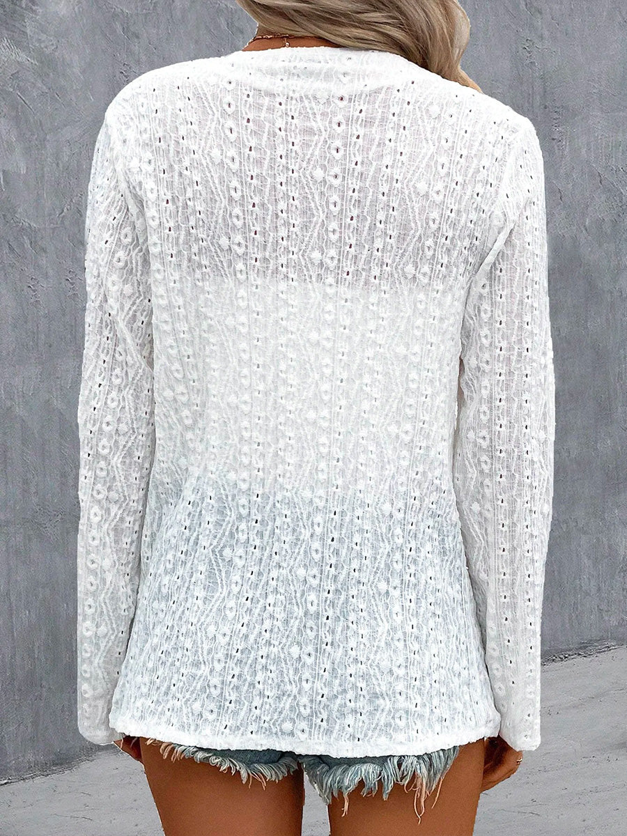 LilyWish 3/4 Sleeve Plain Embroidery Hollow Out Casual Loose Top
