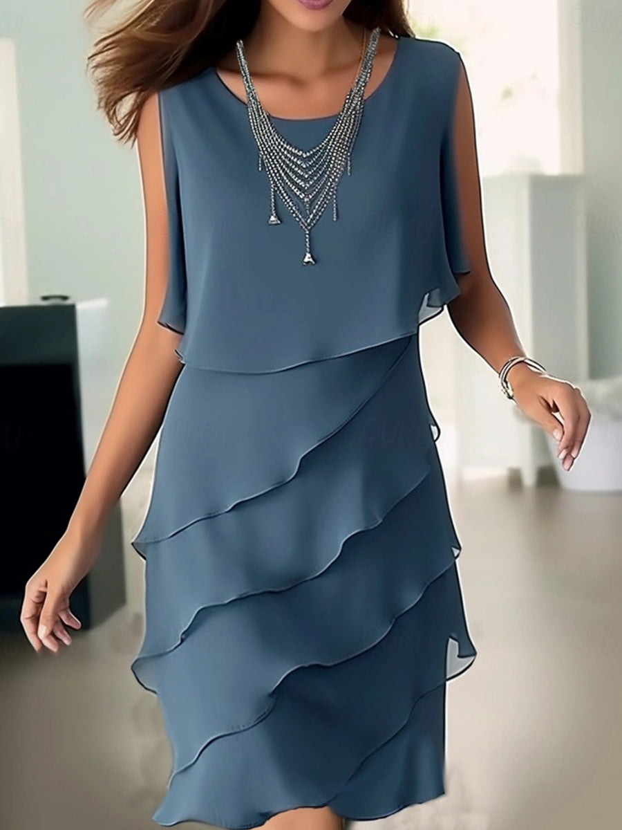 LilyWish Pure Color Ruffle Crew Neck Sleeveless Dress